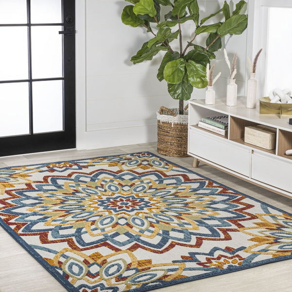 HomeRoots 8' X 10' Vibrant Medallion Area Rug – Durable Indoor/Outdoor Design in Bold Red, Blue, and Yellow! 702671