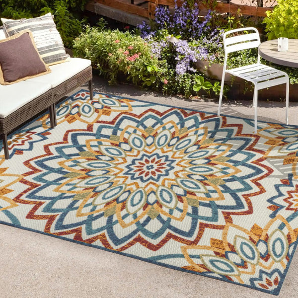 HomeRoots 8' X 10' Vibrant Medallion Area Rug – Durable Indoor/Outdoor Design in Bold Red, Blue, and Yellow! 702671