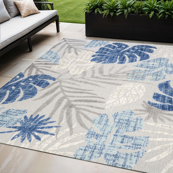 HomeRoots 5' X 8' Elegant Light Gray & Navy Blue Floral Area Rug - Durable Indoor/Outdoor Decor for All Spaces 702675