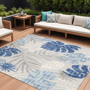 HomeRoots 8' X 10' Light Gray & Navy Floral Indoor/Outdoor Area Rug - Durable, Elegant Design for All Spaces 702676