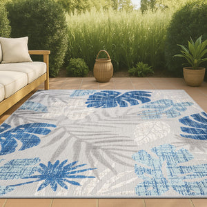 HomeRoots 8' X 10' Light Gray & Navy Floral Indoor/Outdoor Area Rug - Durable, Elegant Design for All Spaces 702676
