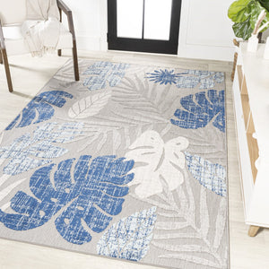 HomeRoots 8' X 10' Light Gray & Navy Floral Indoor/Outdoor Area Rug - Durable, Elegant Design for All Spaces 702676