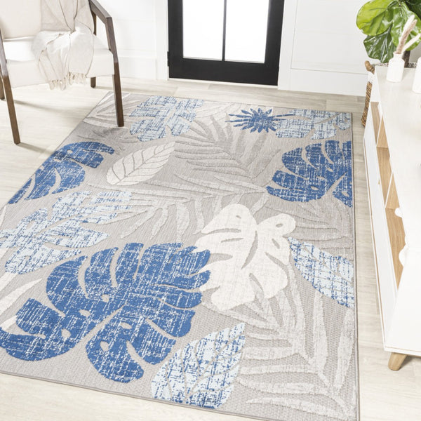 HomeRoots 8' X 10' Light Gray & Navy Floral Indoor/Outdoor Area Rug - Durable, Elegant Design for All Spaces 702676