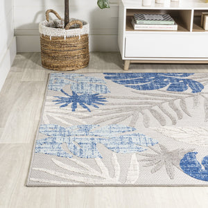 HomeRoots 8' X 10' Light Gray & Navy Floral Indoor/Outdoor Area Rug - Durable, Elegant Design for All Spaces 702676