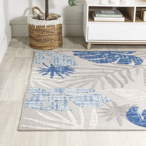 HomeRoots 8' X 10' Light Gray & Navy Floral Indoor/Outdoor Area Rug - Durable, Elegant Design for All Spaces 702676