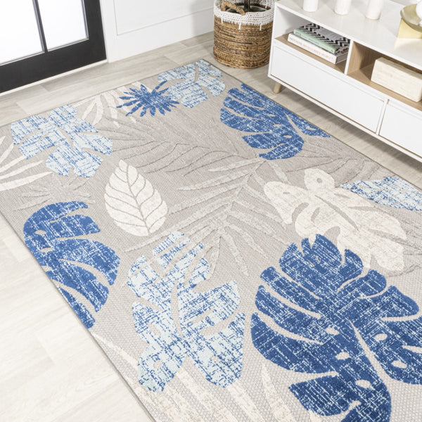 HomeRoots 8' X 10' Light Gray & Navy Floral Indoor/Outdoor Area Rug - Durable, Elegant Design for All Spaces 702676