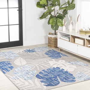 HomeRoots 8' X 10' Light Gray & Navy Floral Indoor/Outdoor Area Rug - Durable, Elegant Design for All Spaces 702676