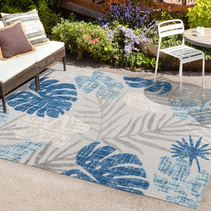 HomeRoots 8' X 10' Light Gray & Navy Floral Indoor/Outdoor Area Rug - Durable, Elegant Design for All Spaces 702676