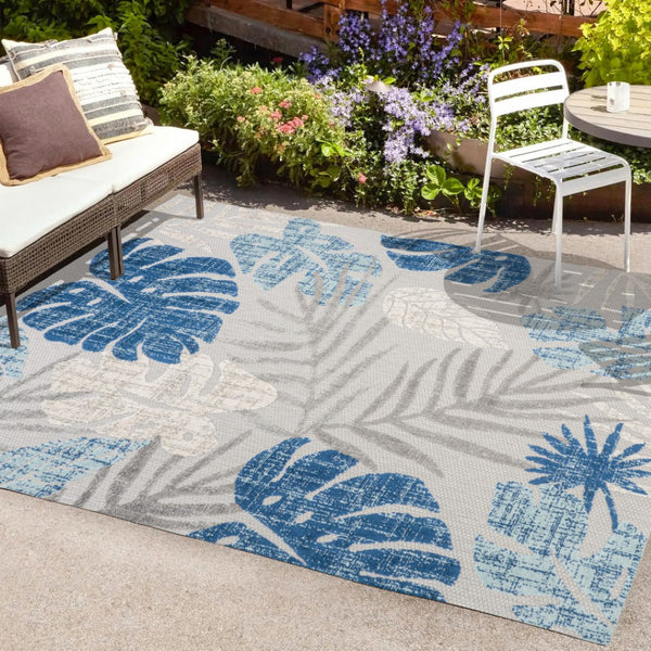 HomeRoots 8' X 10' Light Gray & Navy Floral Indoor/Outdoor Area Rug - Durable, Elegant Design for All Spaces 702676