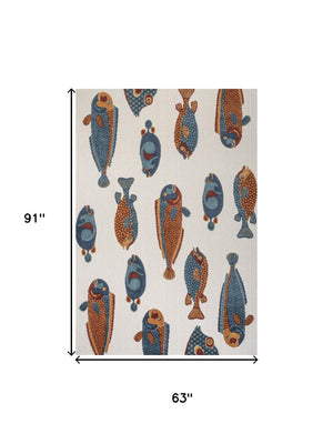 HomeRoots 5' Stylish Navy Blue, Orange & Cream Animal Print Area Rug for Indoor/Outdoor Spaces - Durable & Chic 702680