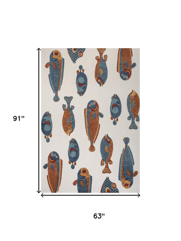HomeRoots 5' Stylish Navy Blue, Orange & Cream Animal Print Area Rug for Indoor/Outdoor Spaces - Durable & Chic 702680