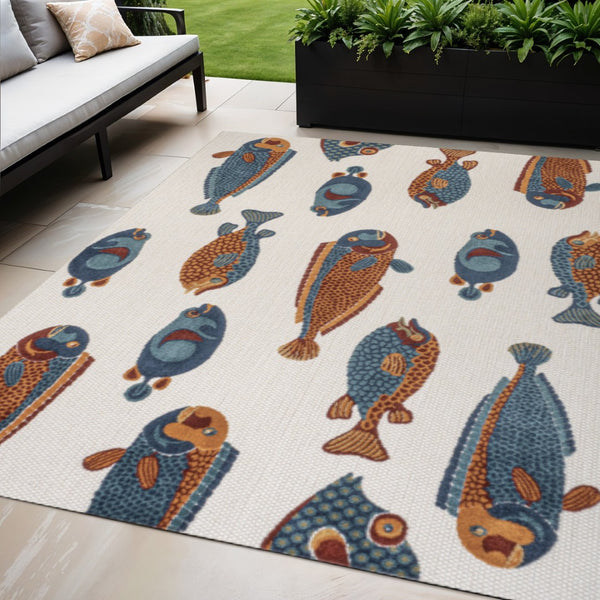 HomeRoots 5' Stylish Navy Blue, Orange & Cream Animal Print Area Rug for Indoor/Outdoor Spaces - Durable & Chic 702680