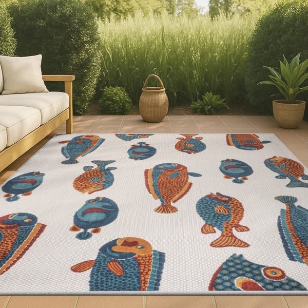 HomeRoots 5' Stylish Navy Blue, Orange & Cream Animal Print Area Rug for Indoor/Outdoor Spaces - Durable & Chic 702680