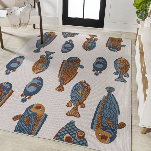 HomeRoots 5' Stylish Navy Blue, Orange & Cream Animal Print Area Rug for Indoor/Outdoor Spaces - Durable & Chic 702680