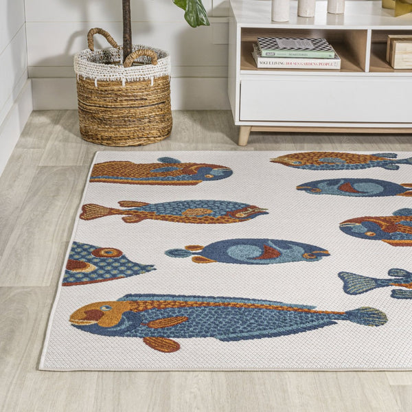 HomeRoots 5' Stylish Navy Blue, Orange & Cream Animal Print Area Rug for Indoor/Outdoor Spaces - Durable & Chic 702680