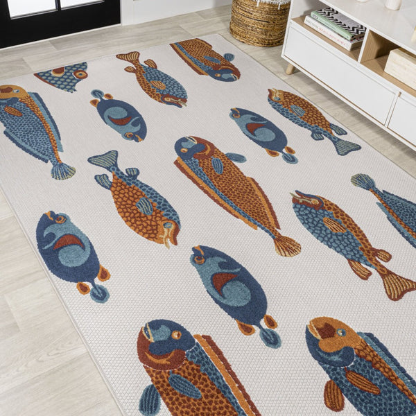 HomeRoots 5' Stylish Navy Blue, Orange & Cream Animal Print Area Rug for Indoor/Outdoor Spaces - Durable & Chic 702680