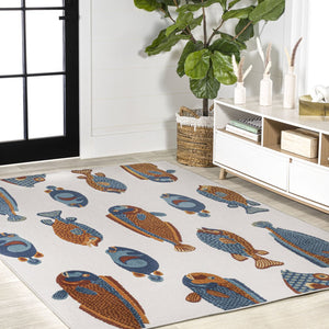 HomeRoots 5' Stylish Navy Blue, Orange & Cream Animal Print Area Rug for Indoor/Outdoor Spaces - Durable & Chic 702680