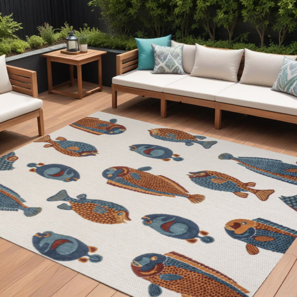 HomeRoots 8' X 10' Navy Blue, Orange & Cream Animal Print Rug – Stylish Indoor/Outdoor Design for Any Space! 702681