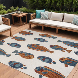 HomeRoots 8' X 10' Navy Blue, Orange & Cream Animal Print Rug – Stylish Indoor/Outdoor Design for Any Space! 702681