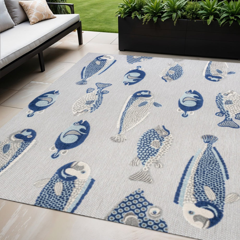 HomeRoots 5' Stylish Gray and Navy Blue Animal Print Area Rug – Durable Indoor/Outdoor Design for Versatile Spaces 702685