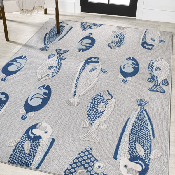 HomeRoots 5' Stylish Gray and Navy Blue Animal Print Area Rug – Durable Indoor/Outdoor Design for Versatile Spaces 702685
