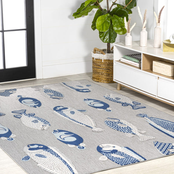 HomeRoots 8' X 10' Gray and Navy Blue Animal Print Area Rug - Stylish Indoor/Outdoor Decor with Low-Maintenance Care 702686
