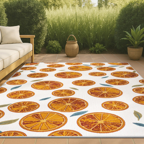 HomeRoots 5' Orange and Cream Polka Dot Area Rug - Stylish Indoor/Outdoor Comfort with Weather-Resistant Design 702690