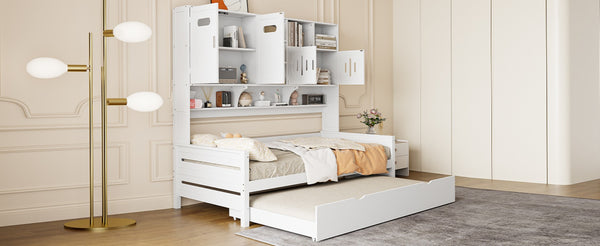English Elm Twin Size Daybed With Trundle & Integrated Storage Shelf - Modern White Design For Kids & Teens N820S00026K-GIGA
