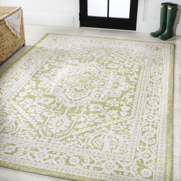 HomeRoots 8' X 10' Elegant Green and Cream Medallion Rug - Versatile Indoor/Outdoor Accent for Any Space 702718