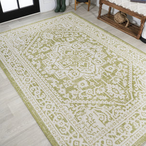 HomeRoots 8' X 10' Elegant Green and Cream Medallion Rug - Versatile Indoor/Outdoor Accent for Any Space 702718