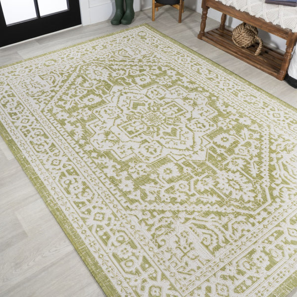 HomeRoots 8' X 10' Elegant Green and Cream Medallion Rug - Versatile Indoor/Outdoor Accent for Any Space 702718
