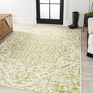 HomeRoots 9' X 12' Cream and Green Medallion Indoor-Outdoor Area Rug for Stylish Living and Easy Care 702737