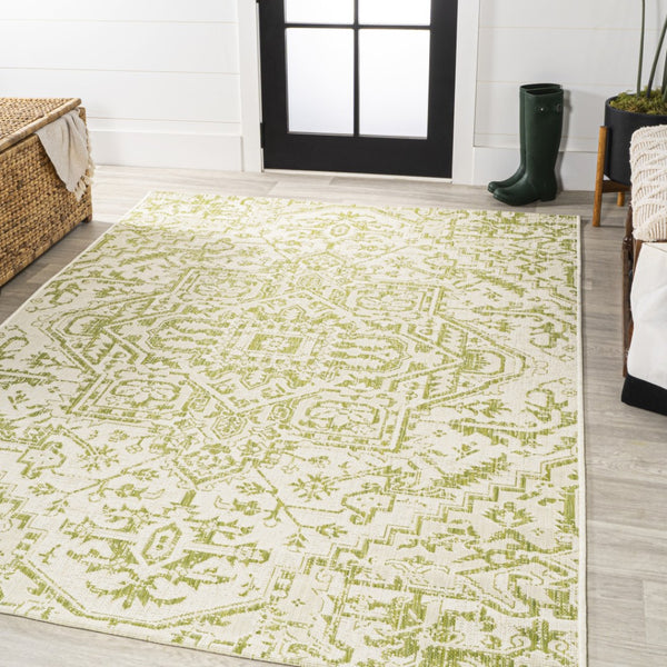 HomeRoots 9' X 12' Cream and Green Medallion Indoor-Outdoor Area Rug for Stylish Living and Easy Care 702737