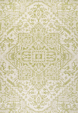 HomeRoots 9' X 12' Cream and Green Medallion Indoor-Outdoor Area Rug for Stylish Living and Easy Care 702737