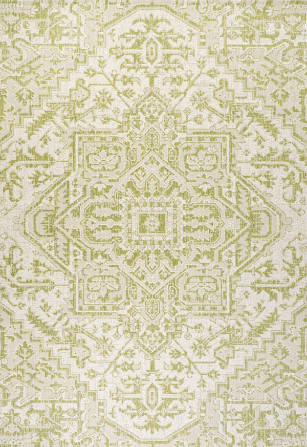HomeRoots 9' X 12' Cream and Green Medallion Indoor-Outdoor Area Rug for Stylish Living and Easy Care 702737