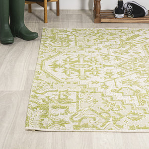 HomeRoots 9' X 12' Cream and Green Medallion Indoor-Outdoor Area Rug for Stylish Living and Easy Care 702737