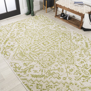 HomeRoots 9' X 12' Cream and Green Medallion Indoor-Outdoor Area Rug for Stylish Living and Easy Care 702737
