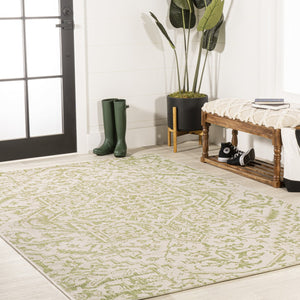 HomeRoots 9' X 12' Cream and Green Medallion Indoor-Outdoor Area Rug for Stylish Living and Easy Care 702737