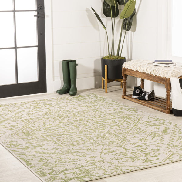HomeRoots 9' X 12' Cream and Green Medallion Indoor-Outdoor Area Rug for Stylish Living and Easy Care 702737