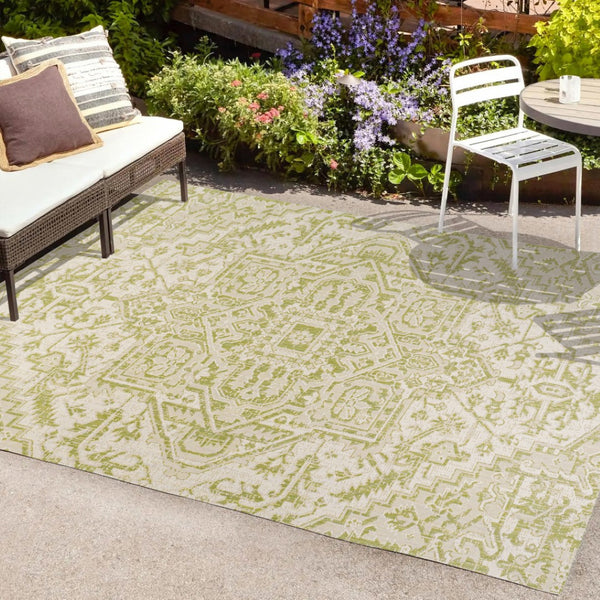HomeRoots 9' X 12' Cream and Green Medallion Indoor-Outdoor Area Rug for Stylish Living and Easy Care 702737