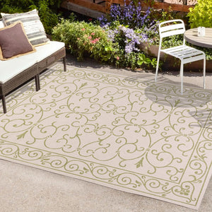 HomeRoots 9' X 12' Cream and Green Medallion Area Rug - Elegant Indoor/Outdoor Durable Design for Any Space 702755