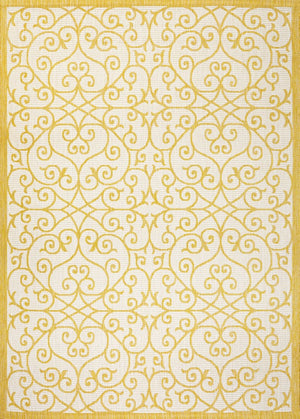 HomeRoots 5' Geometric Cream and Yellow Indoor-Outdoor Area Rug for Modern Spaces - Durable, Easy Care, Versatile! 702758