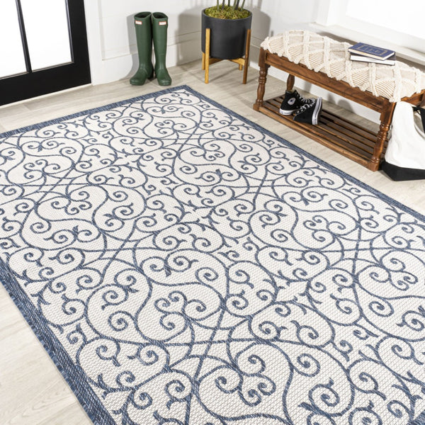 HomeRoots 8' X 10' Blue and Cream Geometric Area Rug - Versatile Indoor/Outdoor Comfort, Easy Care & Stylish Design 702769