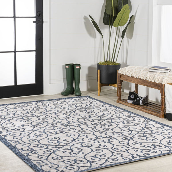 HomeRoots 8' X 10' Blue and Cream Geometric Area Rug - Versatile Indoor/Outdoor Comfort, Easy Care & Stylish Design 702769