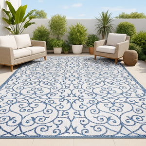 HomeRoots 9' Stylish Blue and Cream Geometric Area Rug - Indoor/Outdoor, Durable, Easy-Clean, Versatile Design 702770
