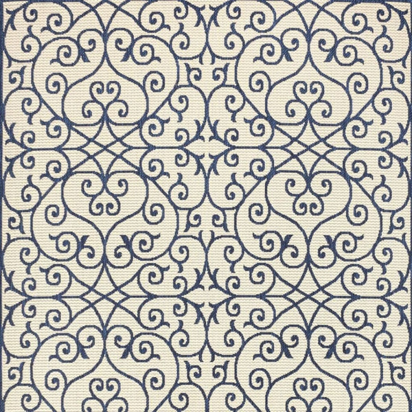 HomeRoots 5' Navy Blue & Beige Geometric Area Rug – Stylish Indoor/Outdoor Decor, Durable & Easy to Clean 702775