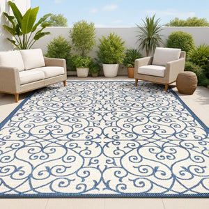 HomeRoots 5' Navy Blue & Beige Geometric Area Rug – Stylish Indoor/Outdoor Decor, Durable & Easy to Clean 702775