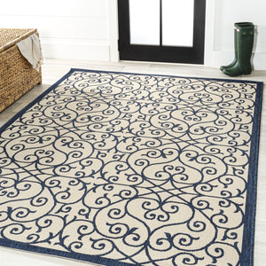 HomeRoots 5' Navy Blue & Beige Geometric Area Rug – Stylish Indoor/Outdoor Decor, Durable & Easy to Clean 702775
