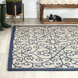 HomeRoots 5' Navy Blue & Beige Geometric Area Rug – Stylish Indoor/Outdoor Decor, Durable & Easy to Clean 702775