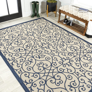 HomeRoots 5' Navy Blue & Beige Geometric Area Rug – Stylish Indoor/Outdoor Decor, Durable & Easy to Clean 702775